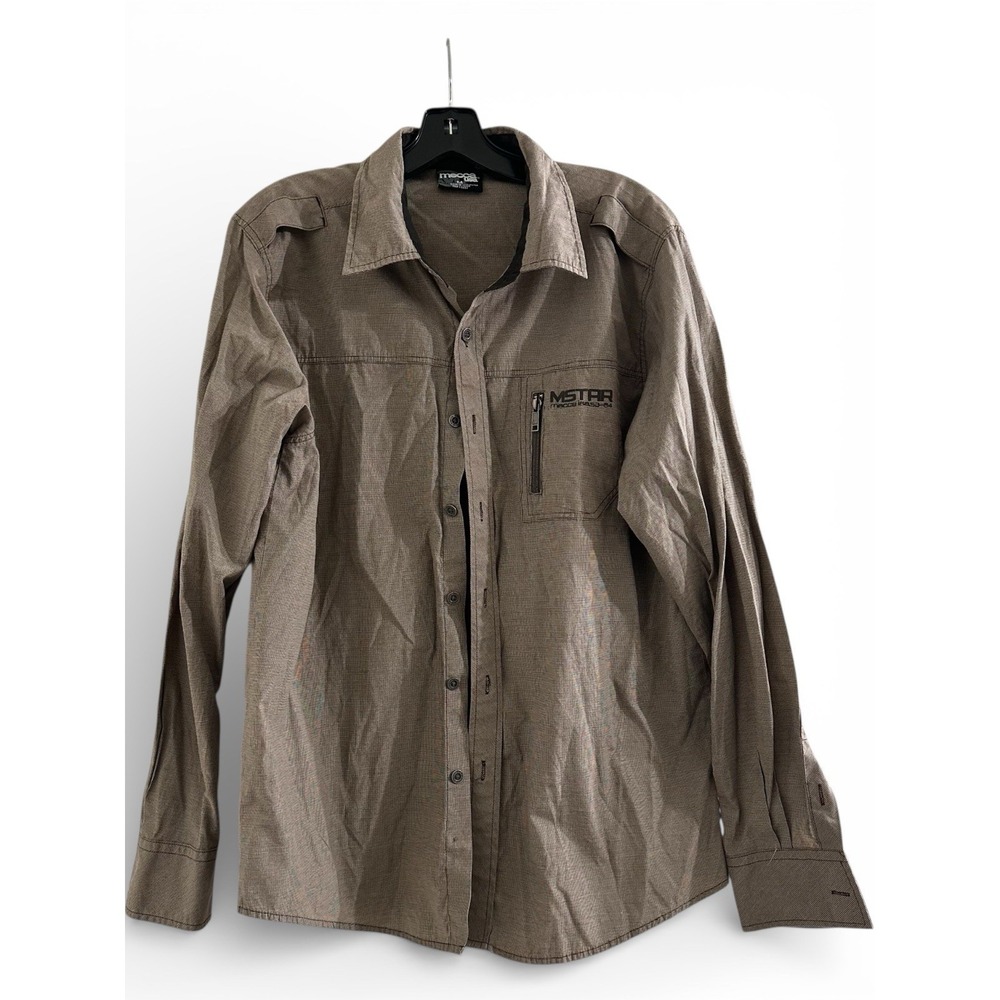 Mecca MSTAR‎ Mens Medium Button Up Utility Shirt Brown Zip Pocket Long Sleeve